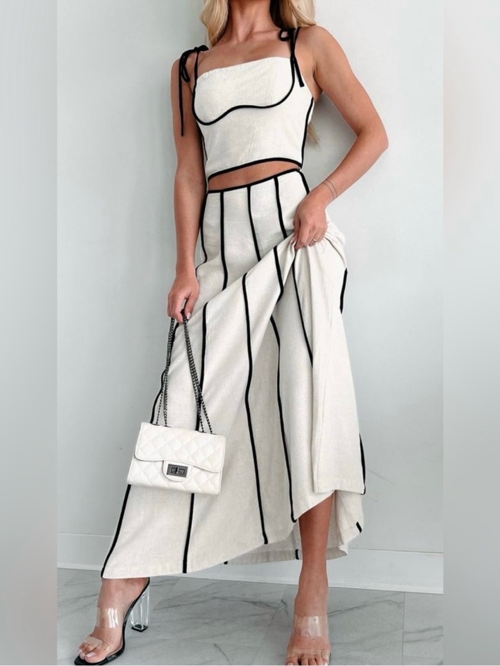 New Old Money Style Linen Rayon Elegant Resort Wear Maxi Matching Skirt Set S/M